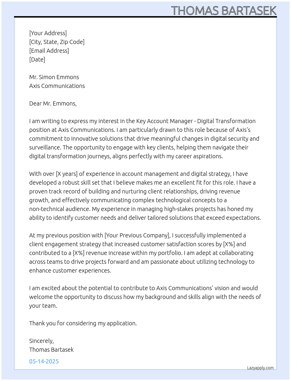 Key Account Manager - Digital Transformation At Axis Communications Cover Letter
