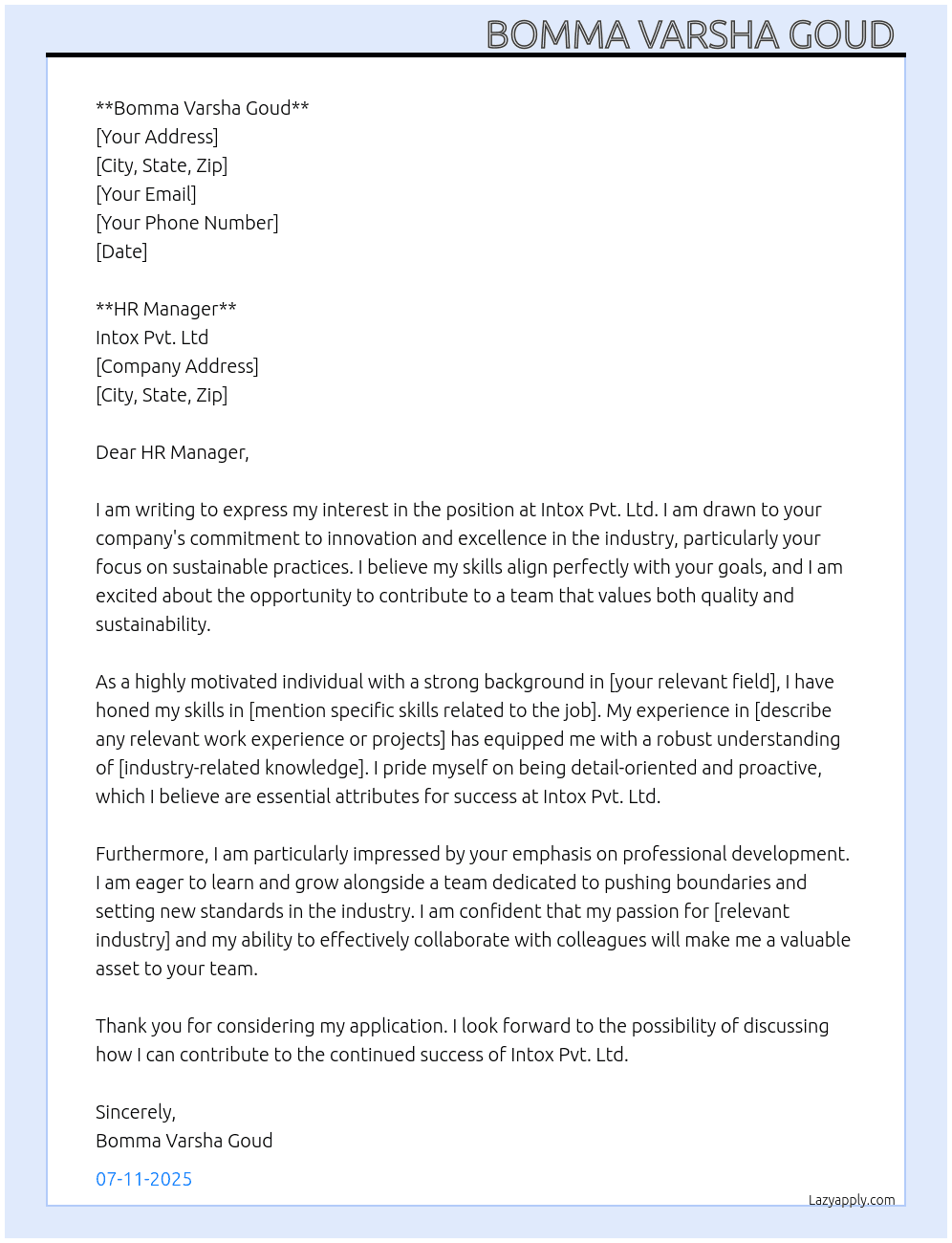 Intox pvt.  Ltd At Intox pvt. Ltd Cover Letter