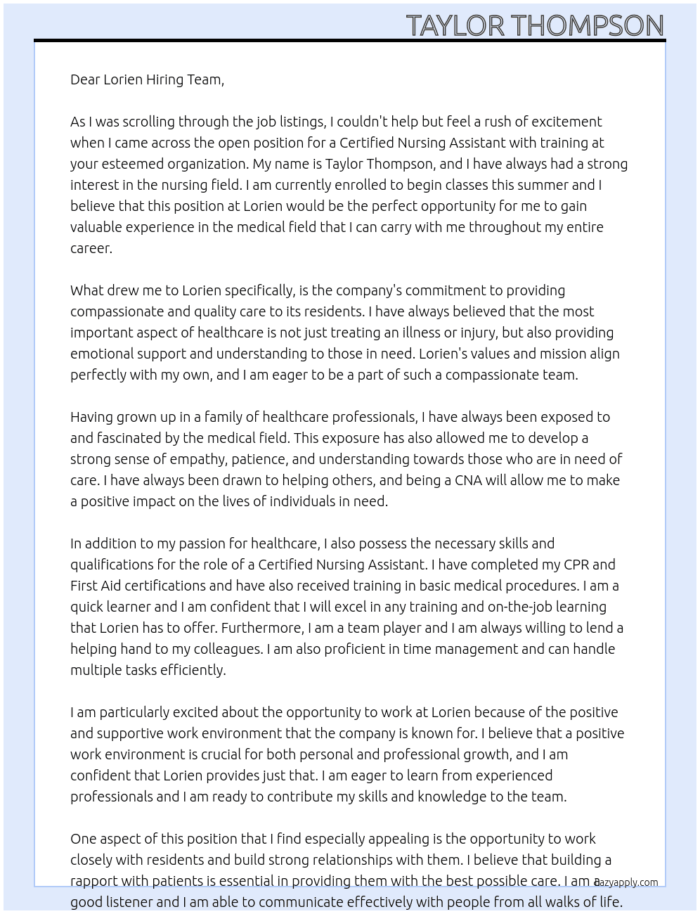 Certified nursing assistant  At Lorien Cover Letter