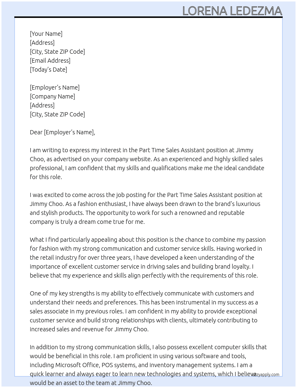 Part Time Sales Assistant At Jimmy Choo Cover Letter