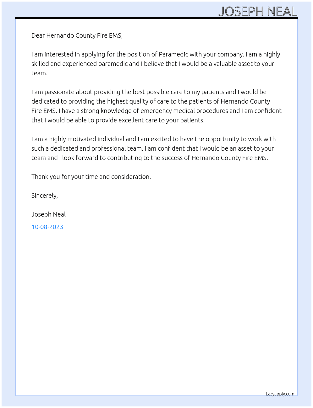 Paramedic At Hernando County Fire EMS Cover Letter