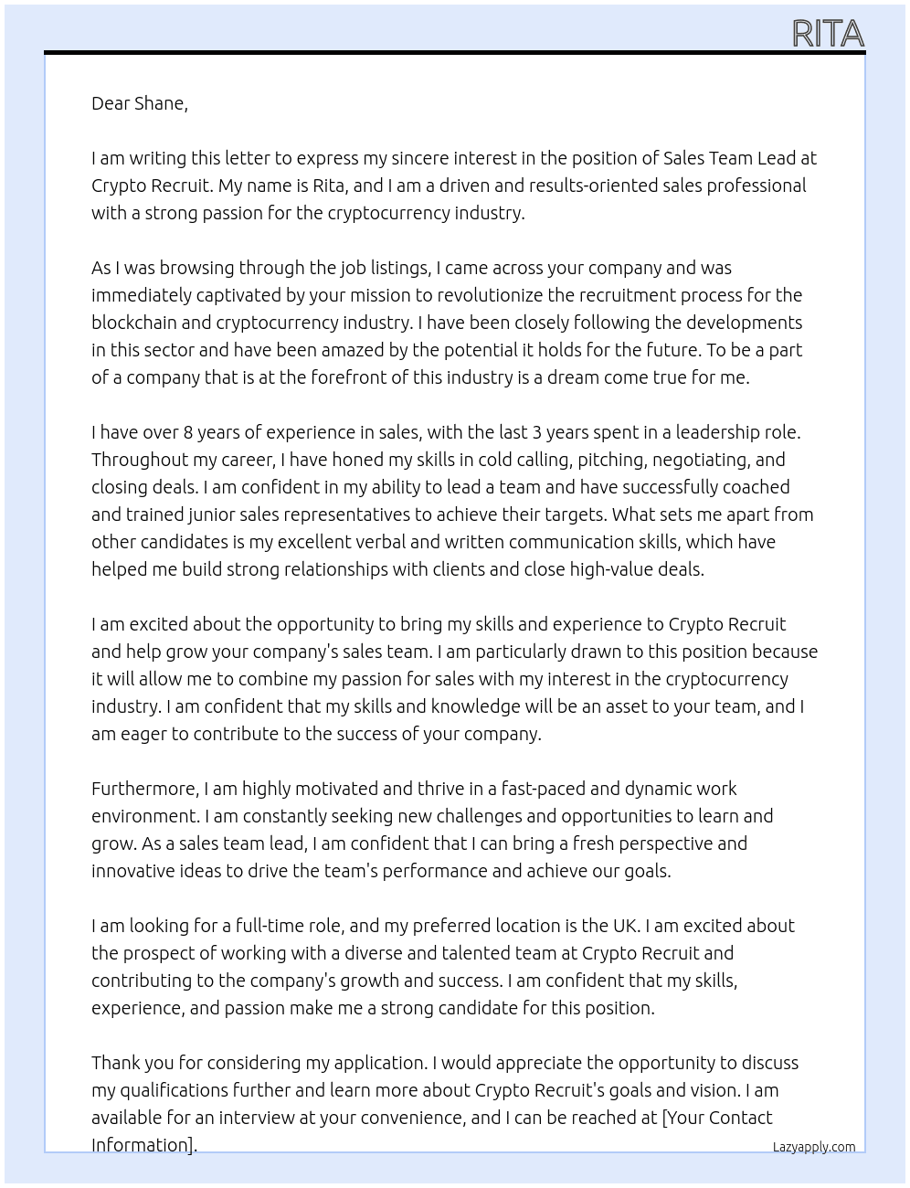 Sales team lead At Crypto Recruit Cover Letter