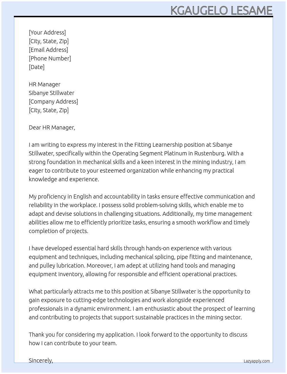 Fitting learnership At Sibanye Still waters Cover Letter