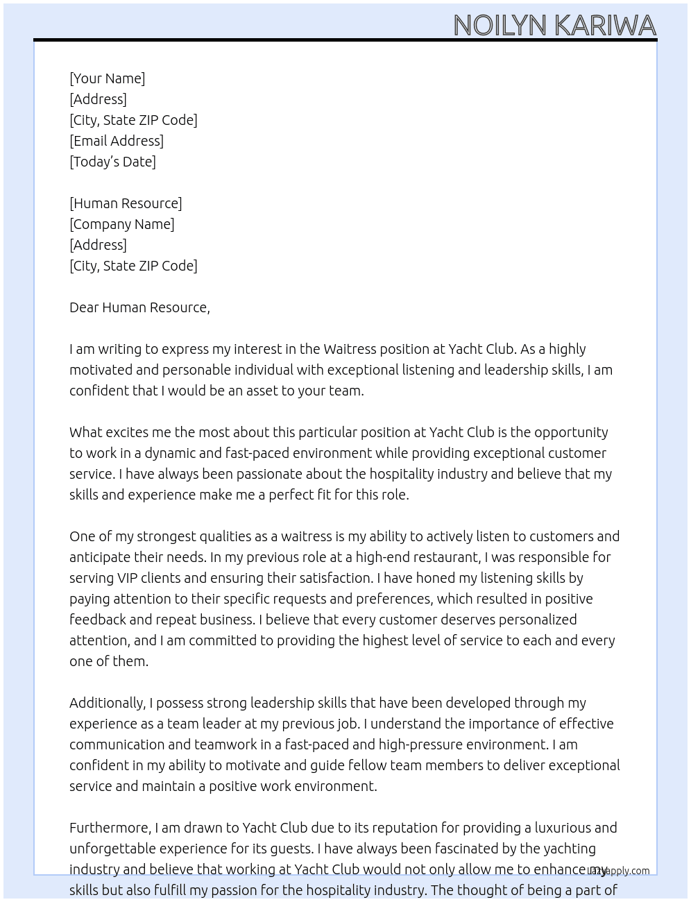 waitress At yacht club Cover Letter