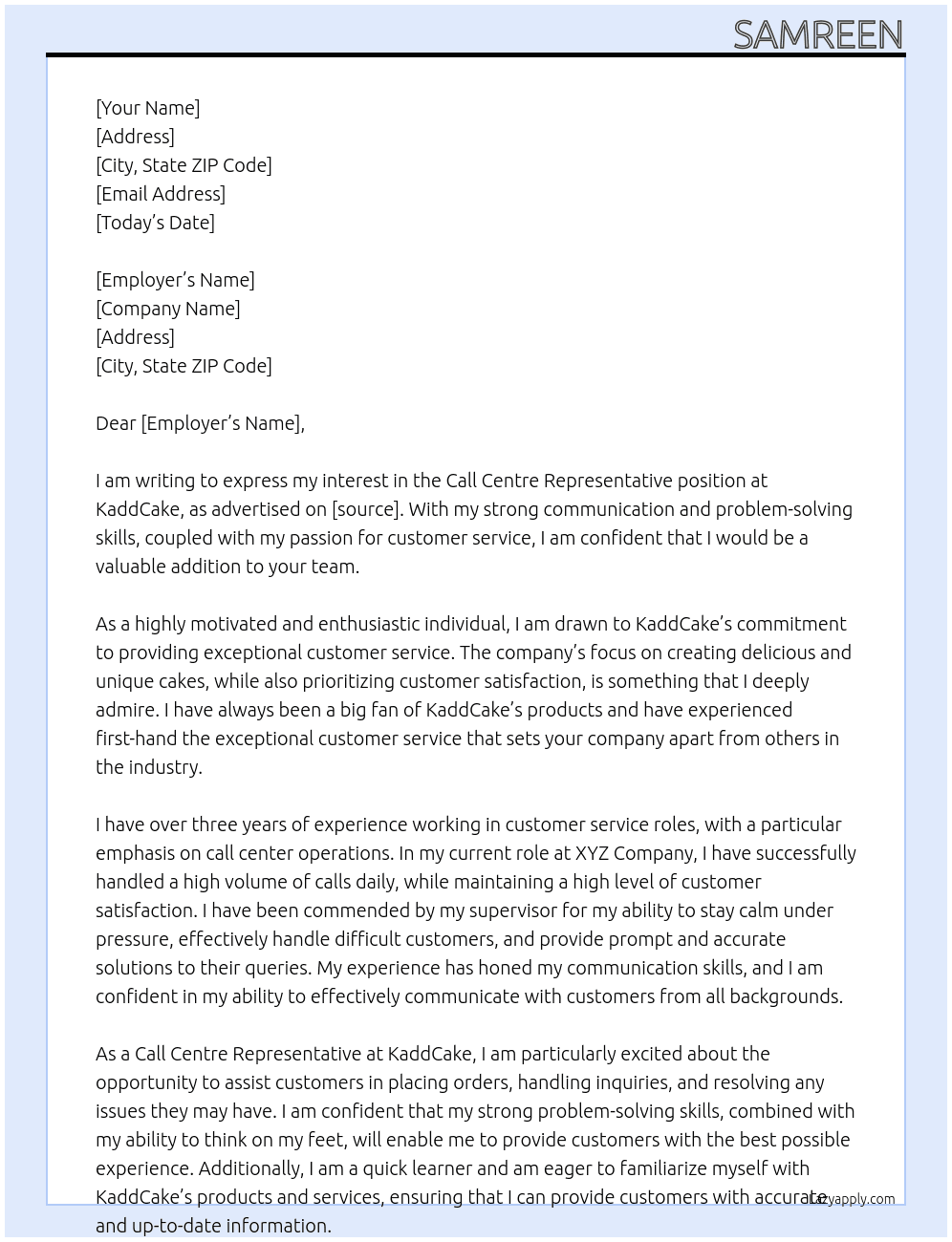 call centre represntative At KaddCake Cover Letter