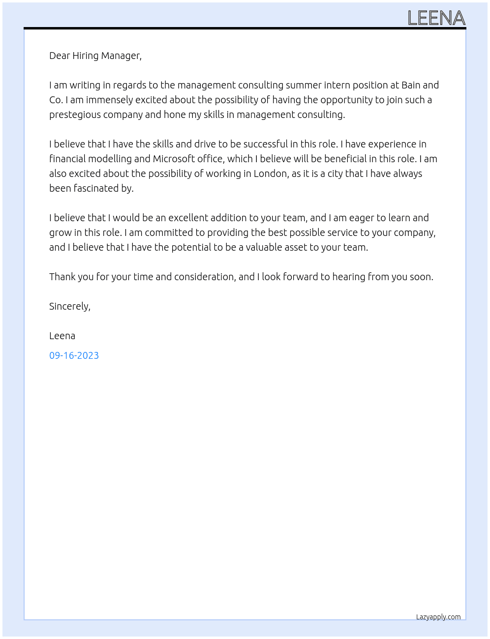 management consulting summer intern At Bain and Co. Cover Letter