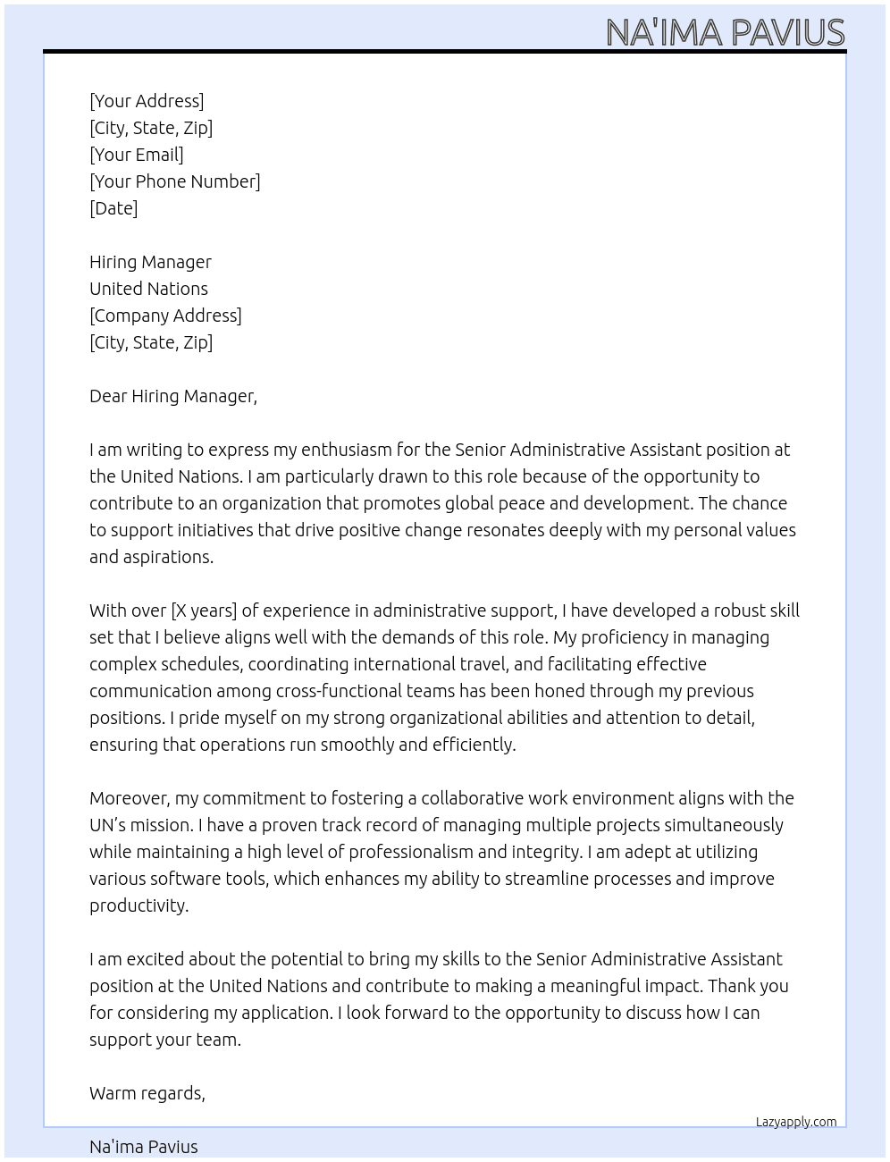 Senior Administrative Assistant At United Nations Cover Letter
