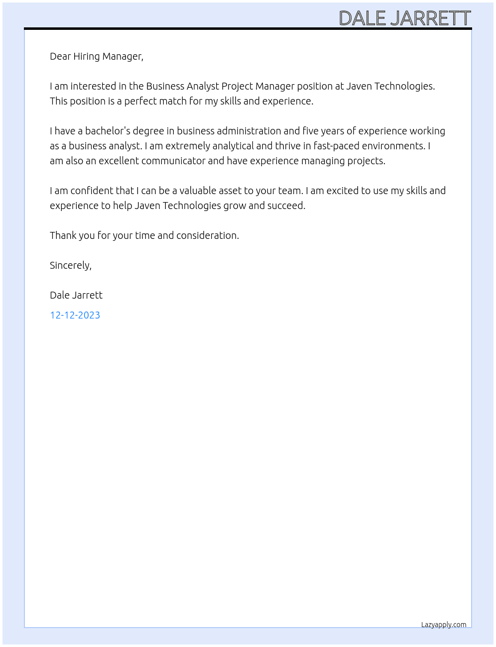 Business Analyst Project Manager At Javen Technologies Cover Letter