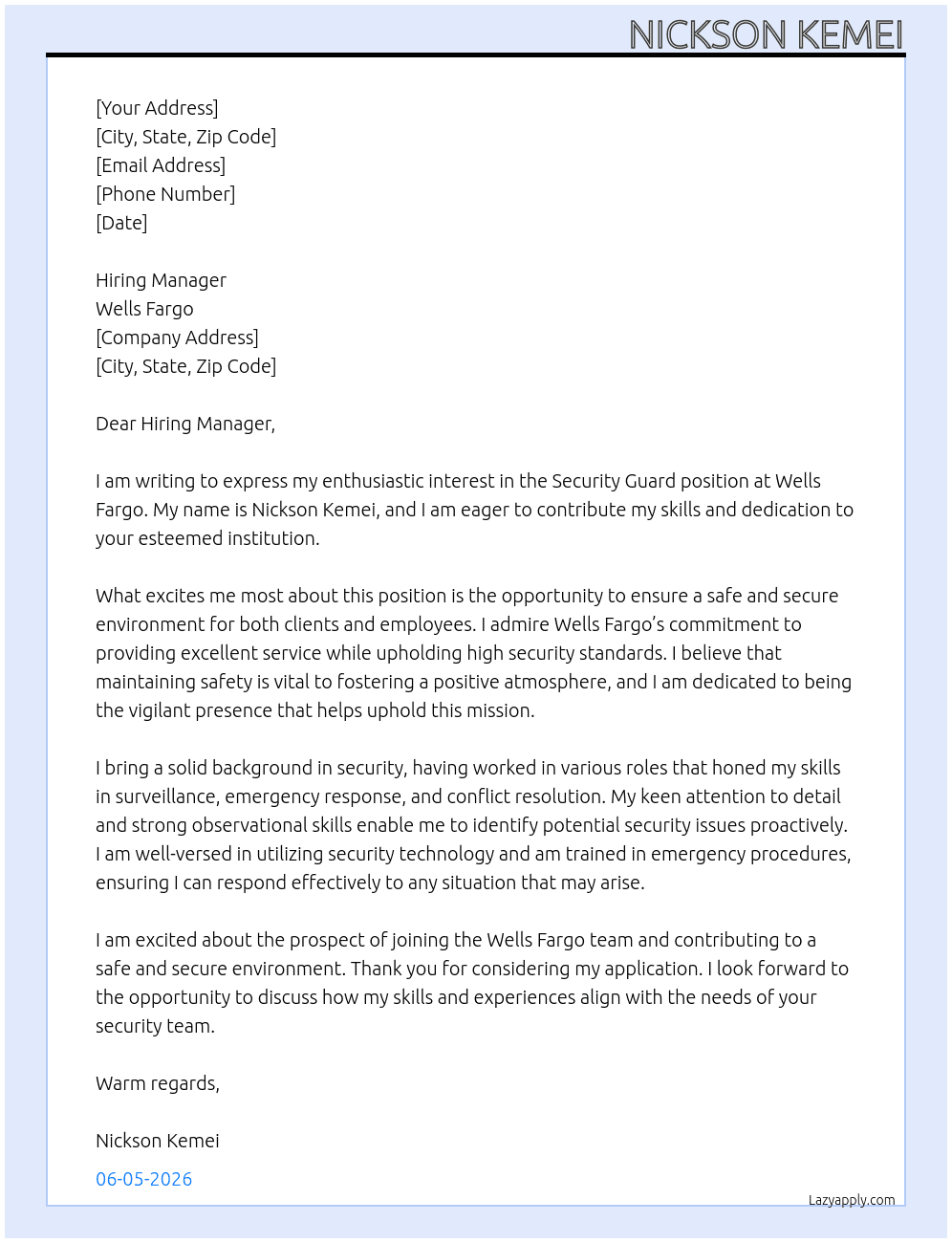 Cover letter for security guard - LazyApply