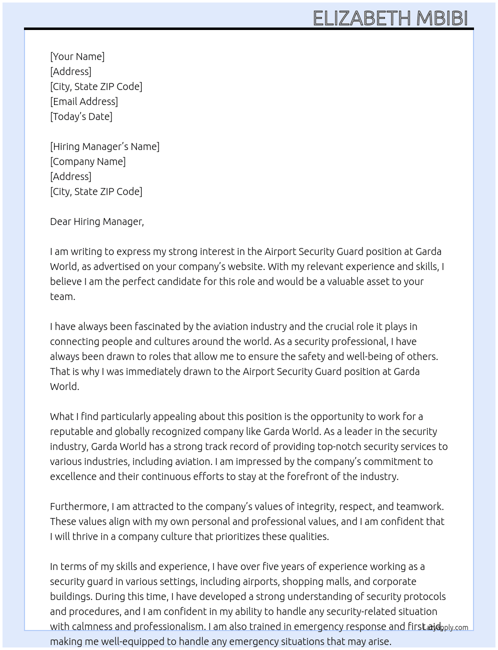 Cover letter for airport security guard - LazyApply