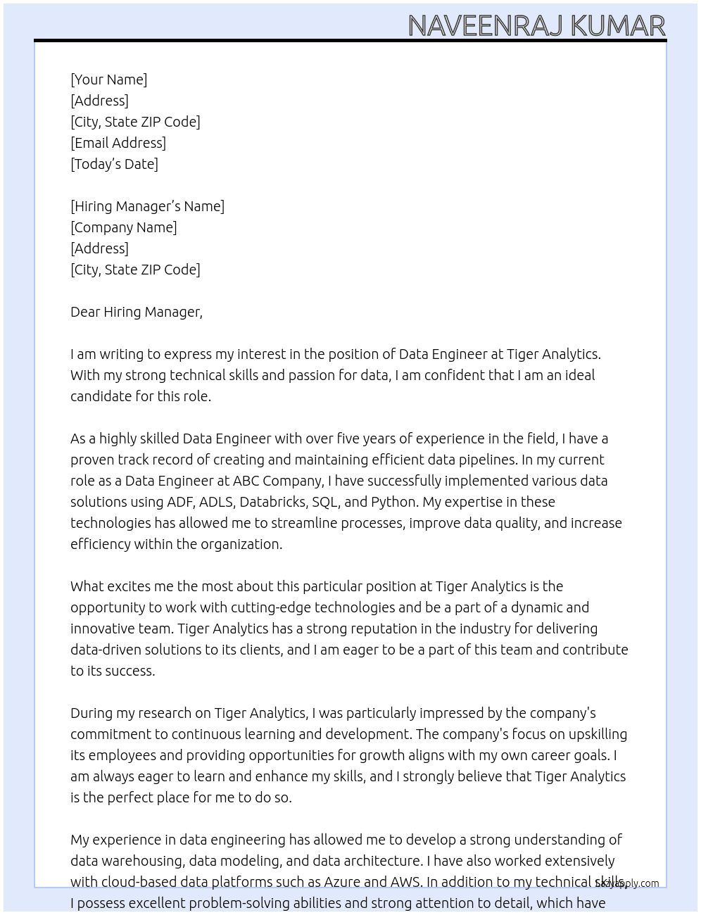 data engineer At Tiger analytics Cover Letter