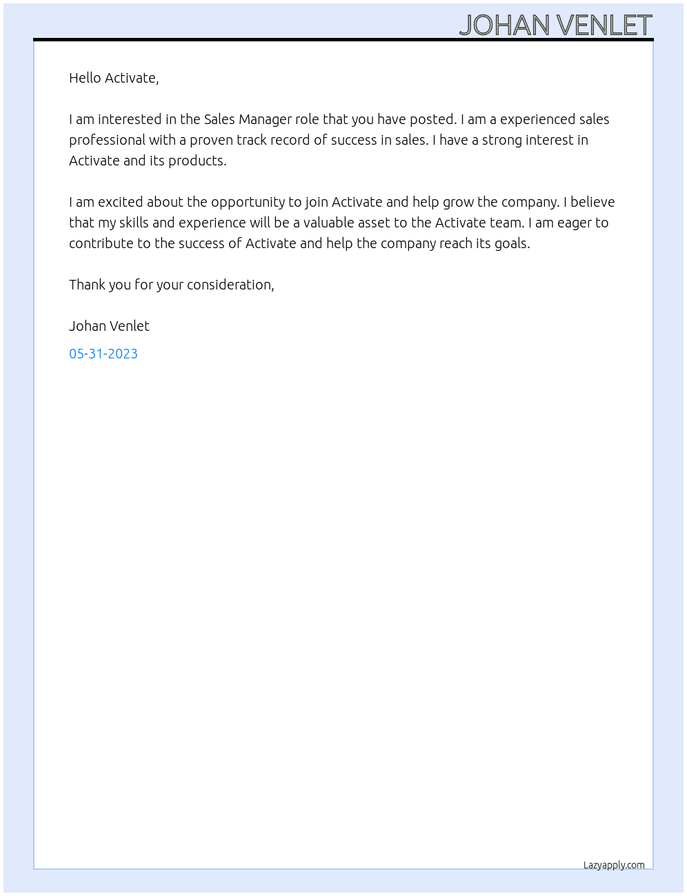Sales Manager At Activate Cover Letter