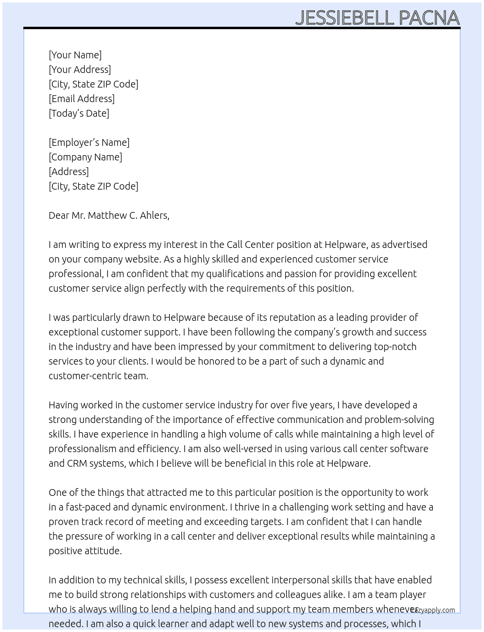 Call center At Helpware  Cover Letter