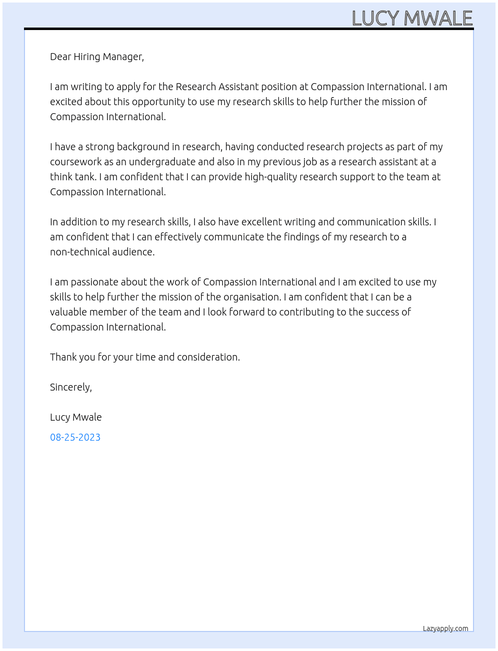 Research Assistant At Compassion International Cover Letter