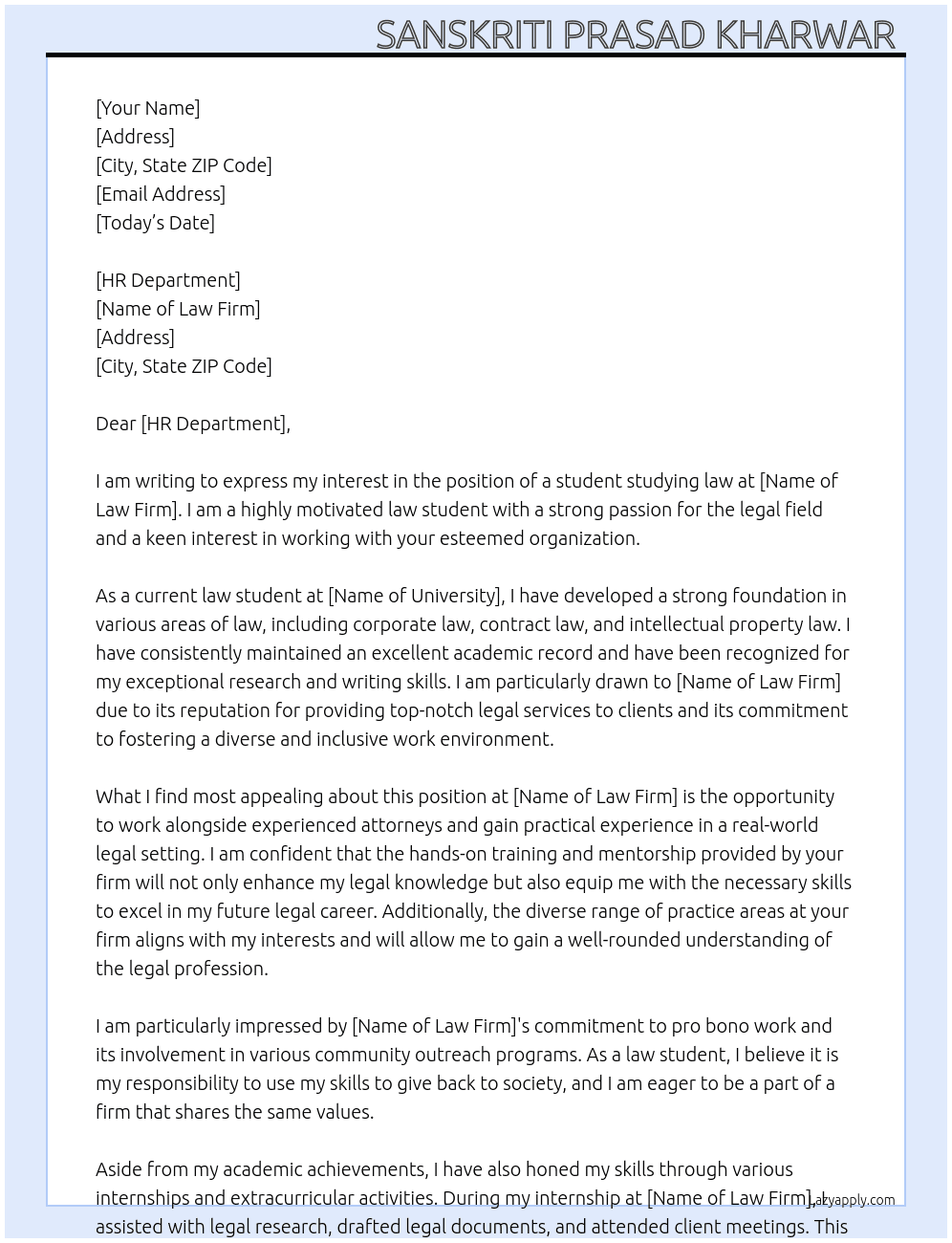 student studying law  At law firms Cover Letter