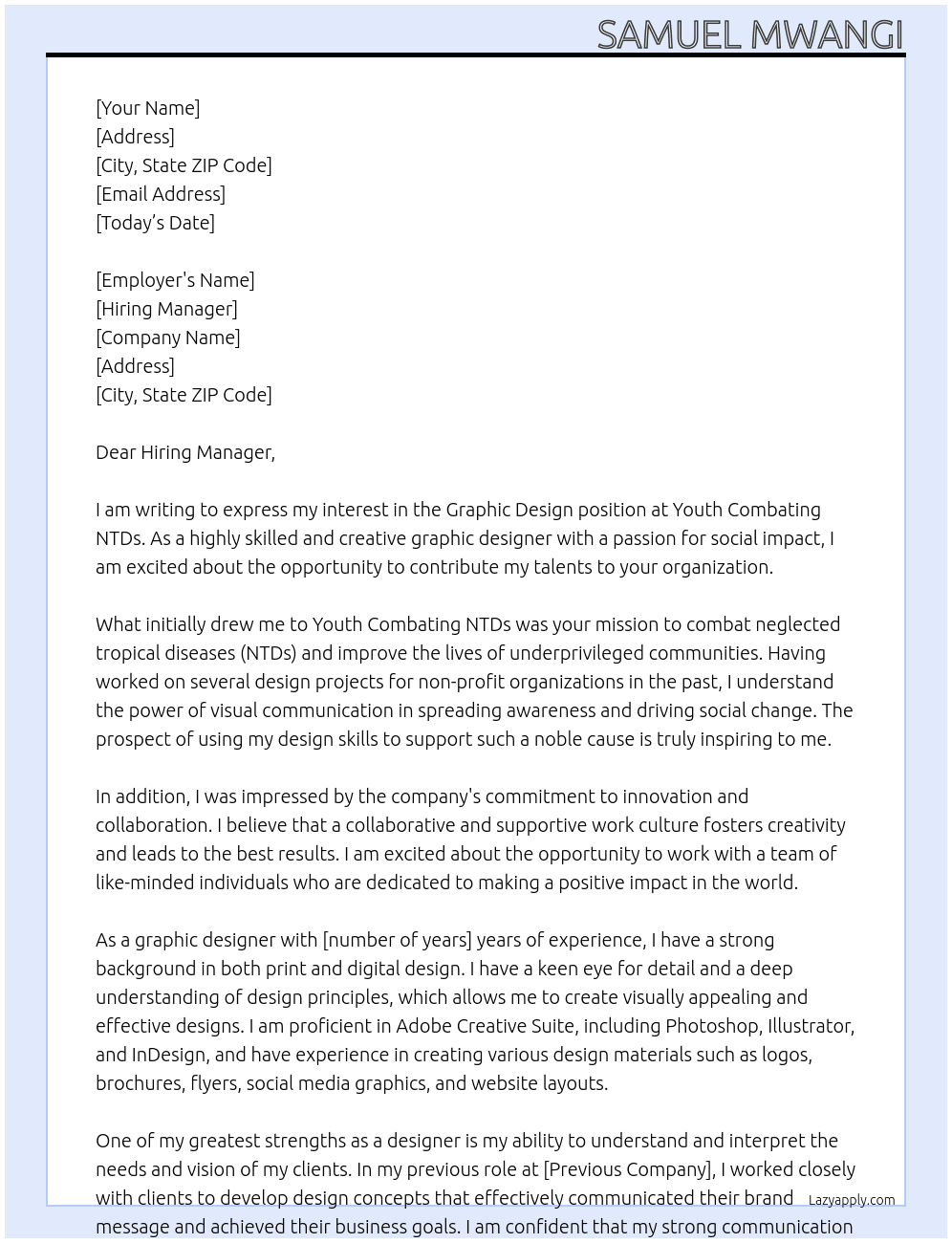 Graphic design At Youth Combating NTDs Cover Letter