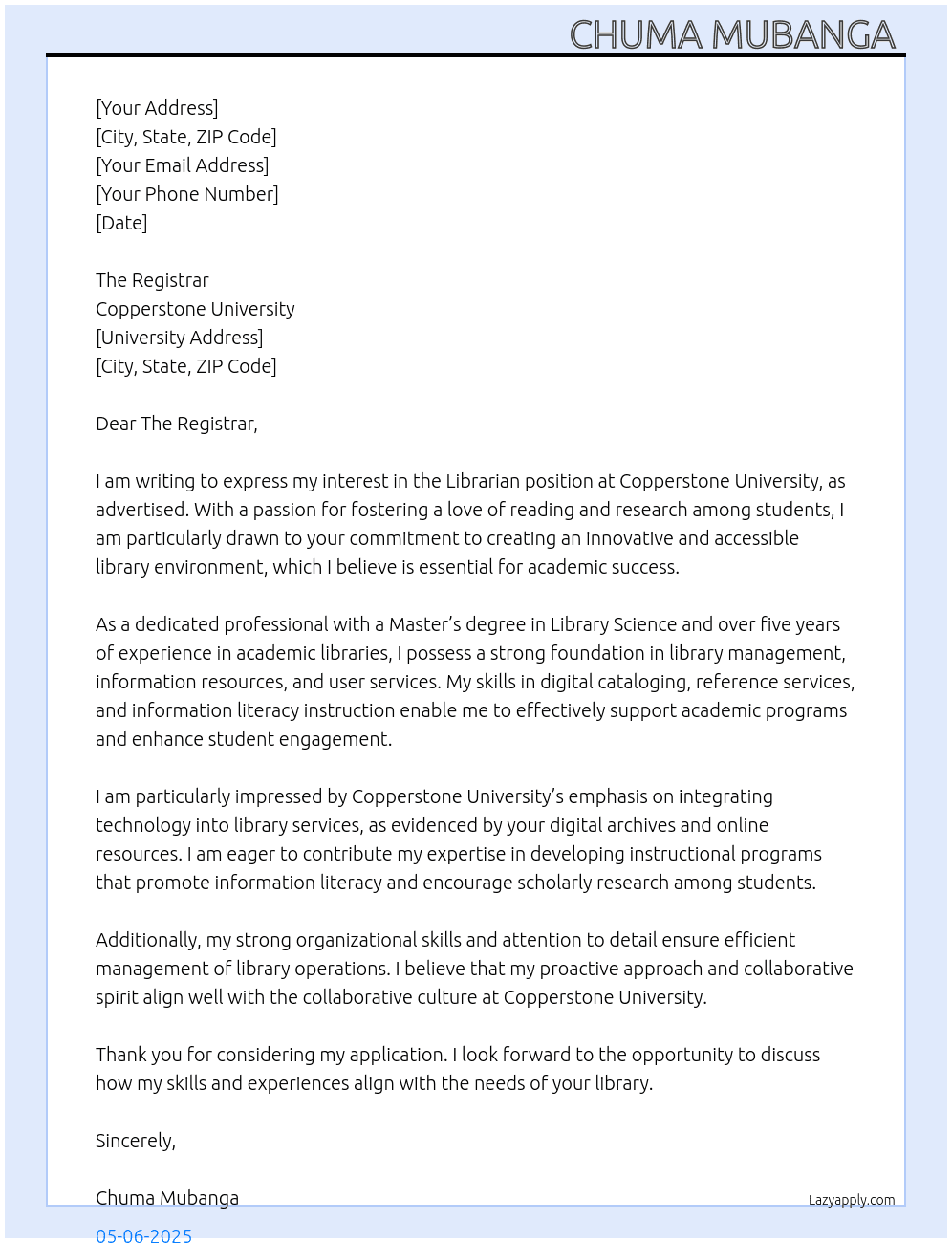 Librarian At Copperstone University  Cover Letter