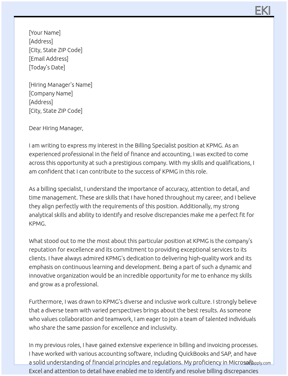billing specialist At KPMG Cover Letter