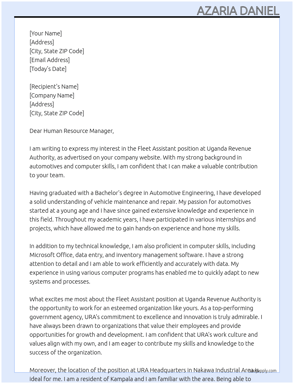  Fleet assistant At Uganda Revenue Authority Cover Letter