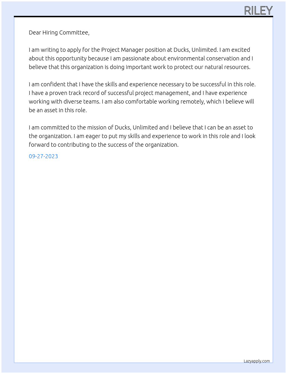 Project Manager At Ducks, Unlimited Cover Letter