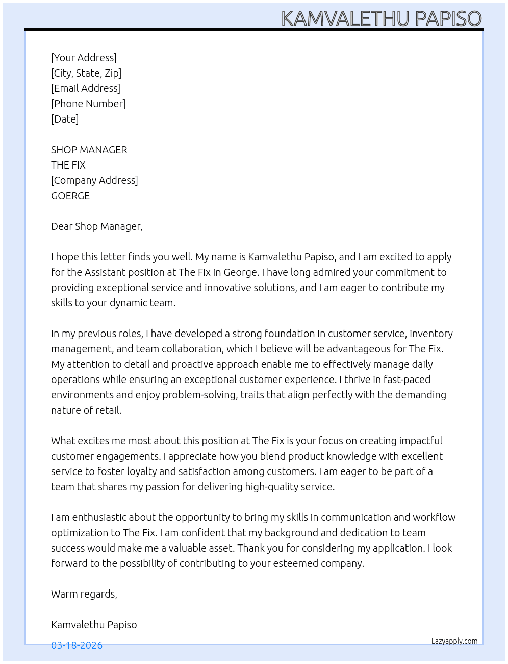 ASSISTANT At THE FIX Cover Letter
