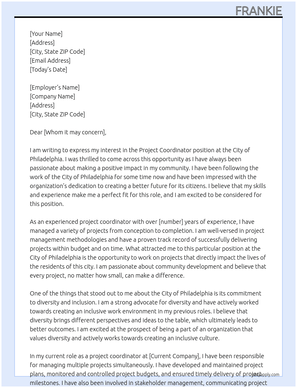 Project Coordinator At City of Philadelphia Cover Letter
