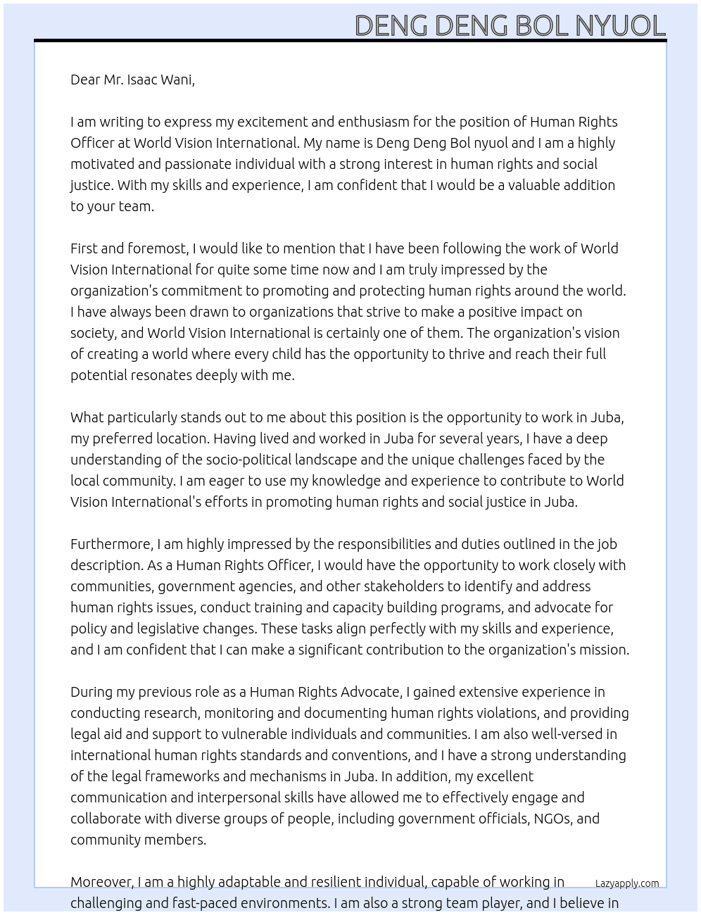Human rights officer At World vision international  Cover Letter