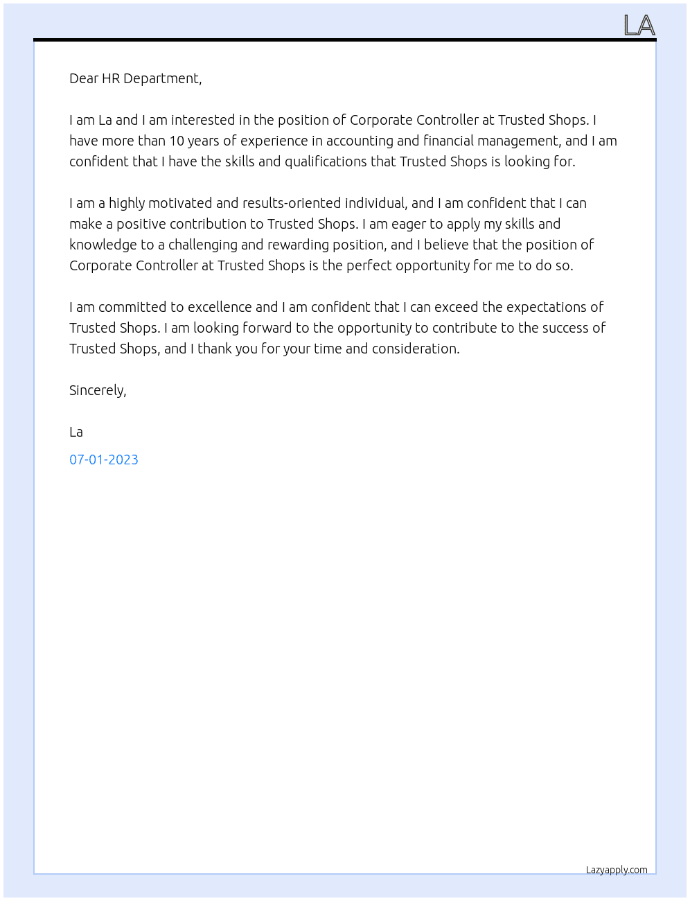 Corporate Controller At Trusted Shops Cover Letter