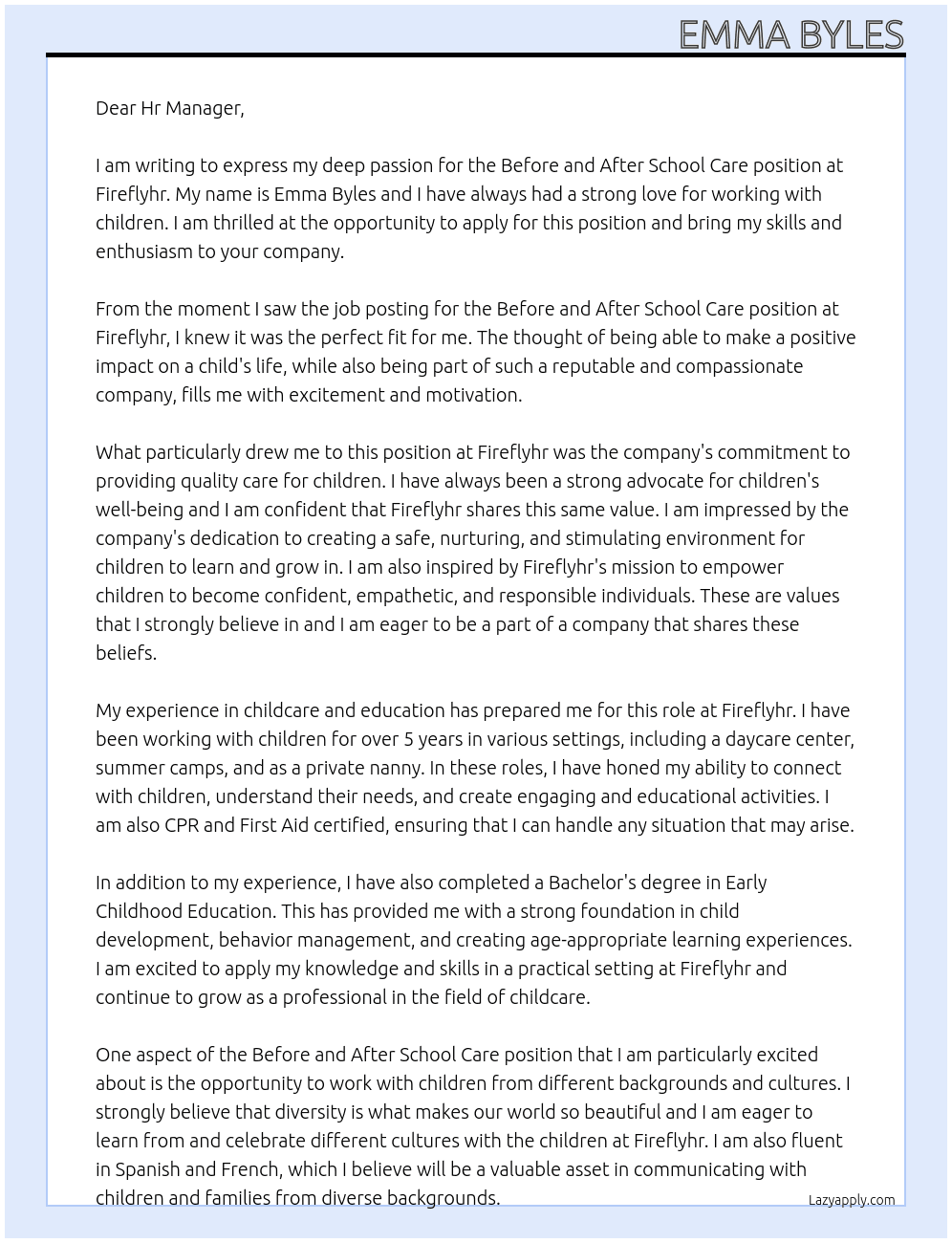 Before and After School Care At Fireflyhr  Cover Letter