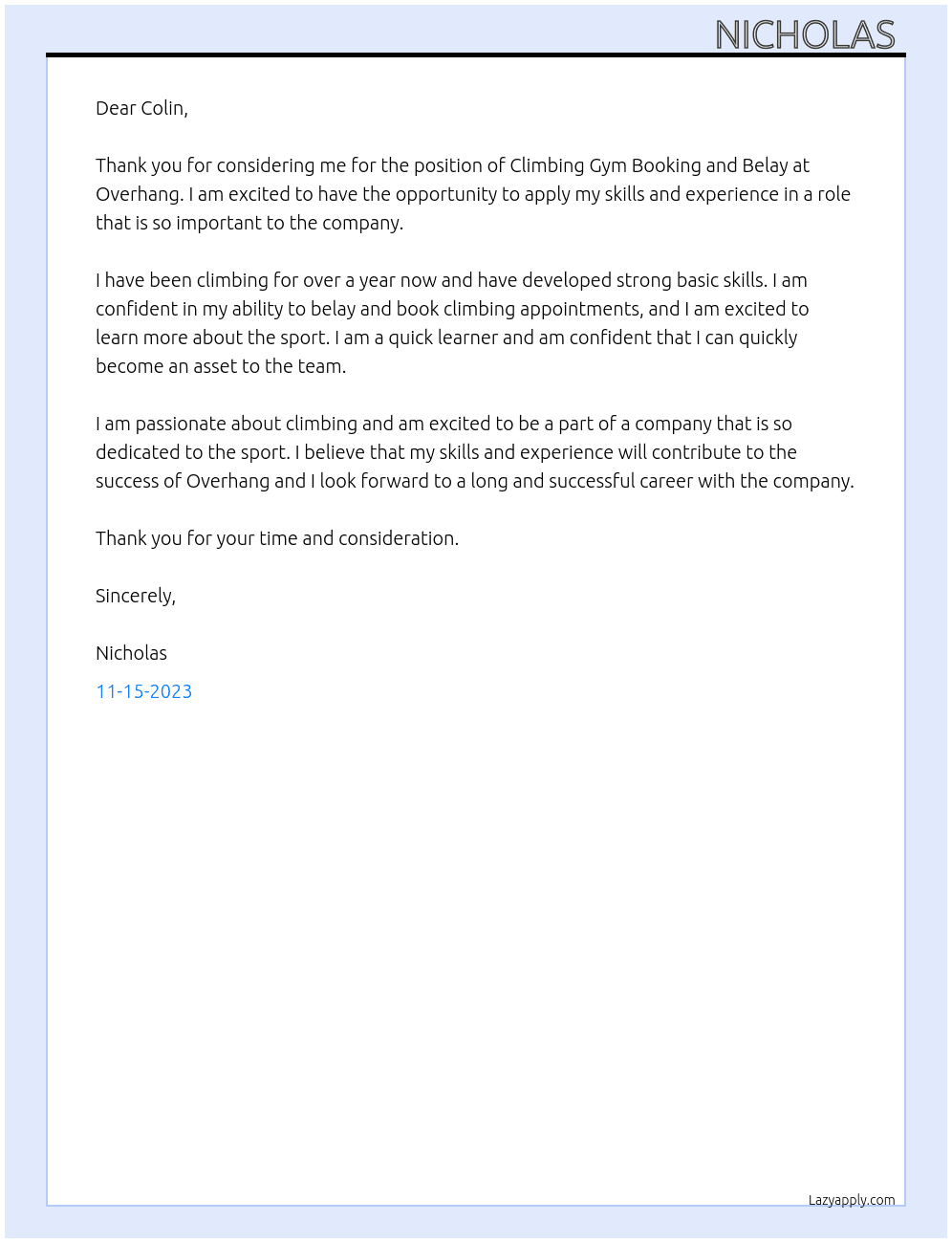 Climbing gym booking and belay  At Overhang Cover Letter