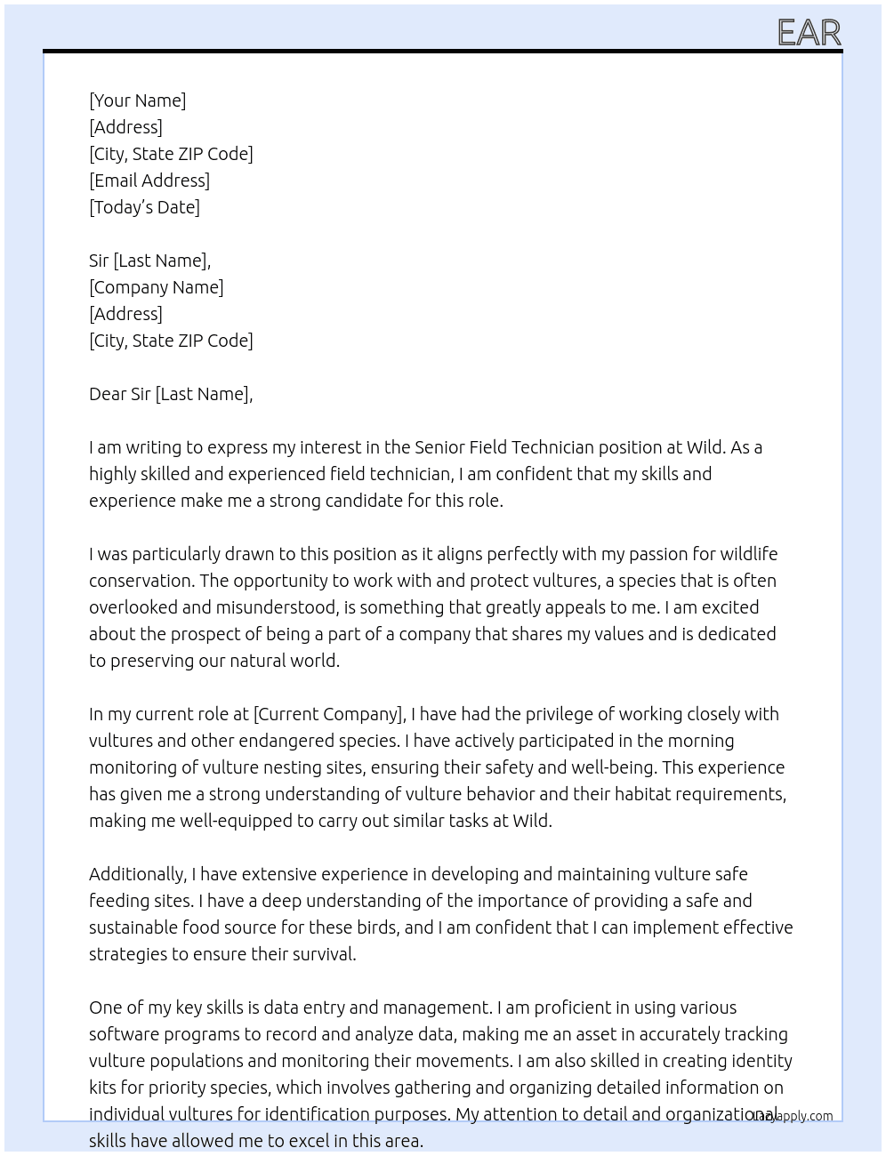 Senior field technician  At Wild Cover Letter