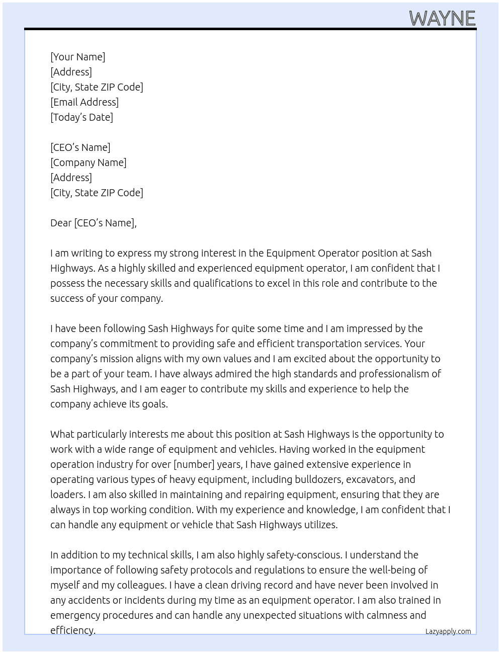 Equipment operator  At Sash highways Cover Letter