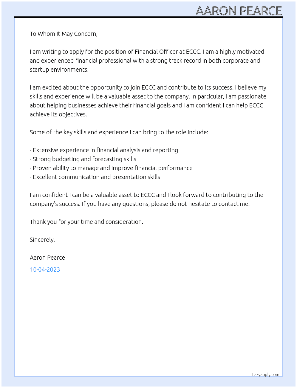 Financial Officer At ECCC Cover Letter