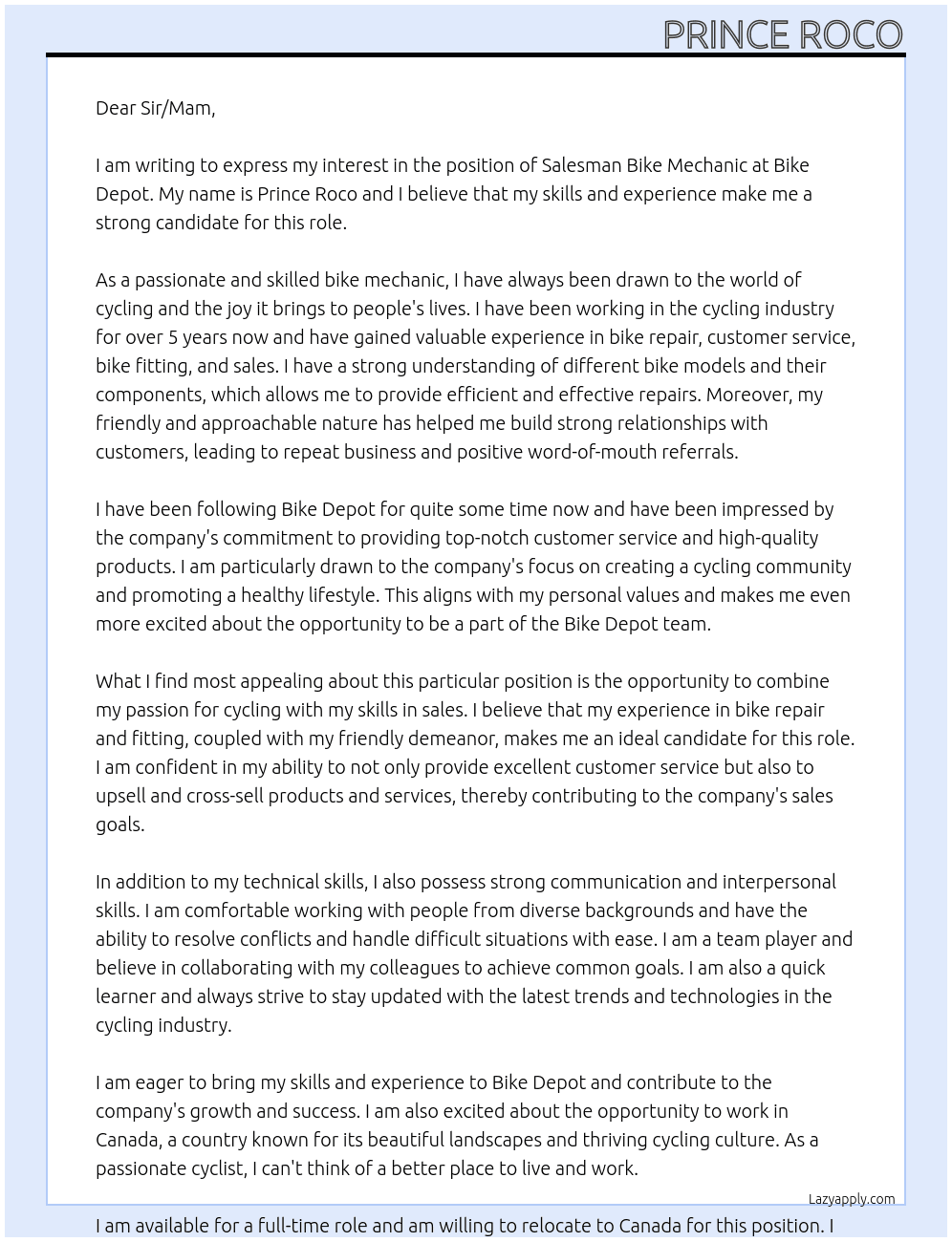 Salesman Bike mechanic At Bike Depot Cover Letter