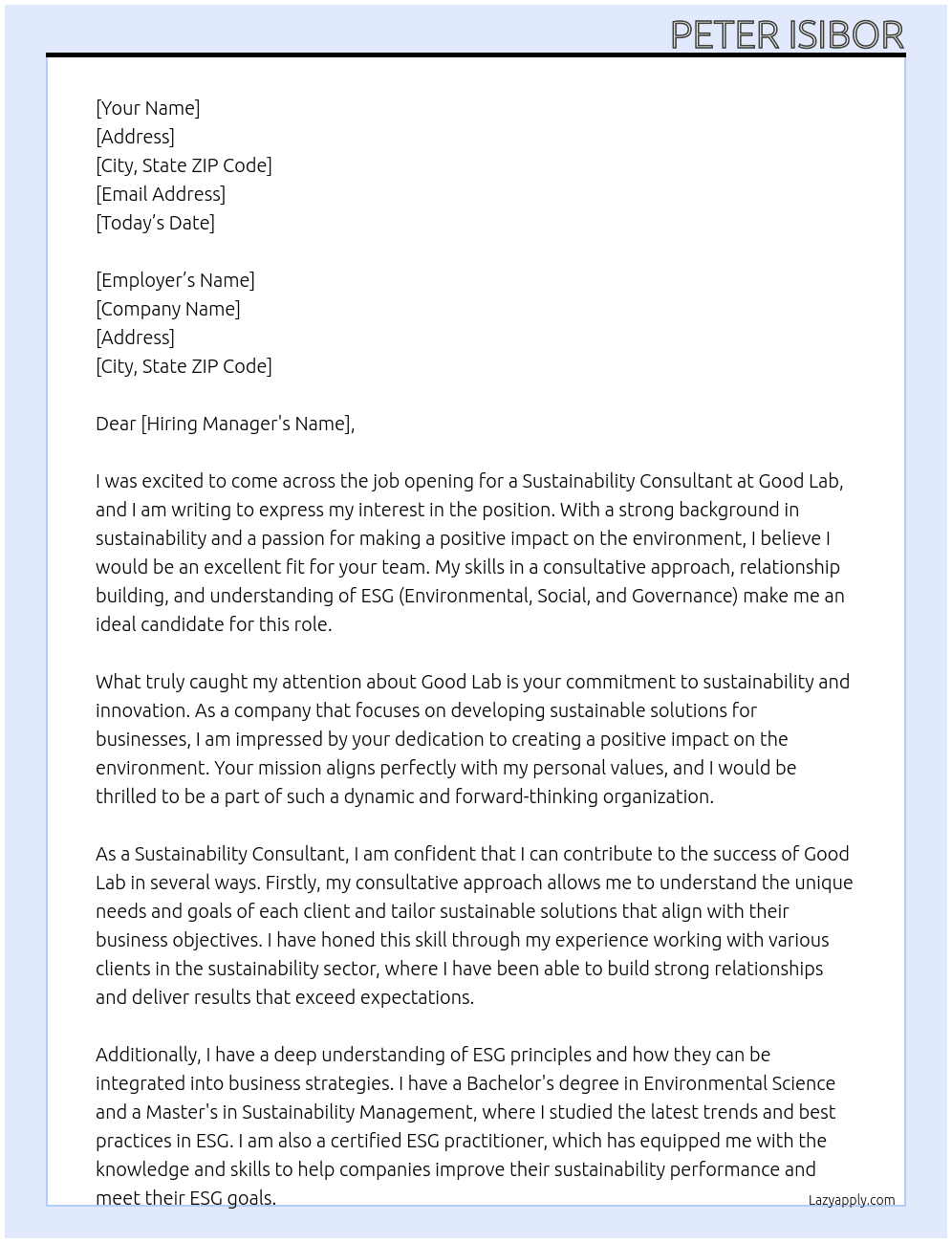 Sustainability consultant At Good Lab Cover Letter