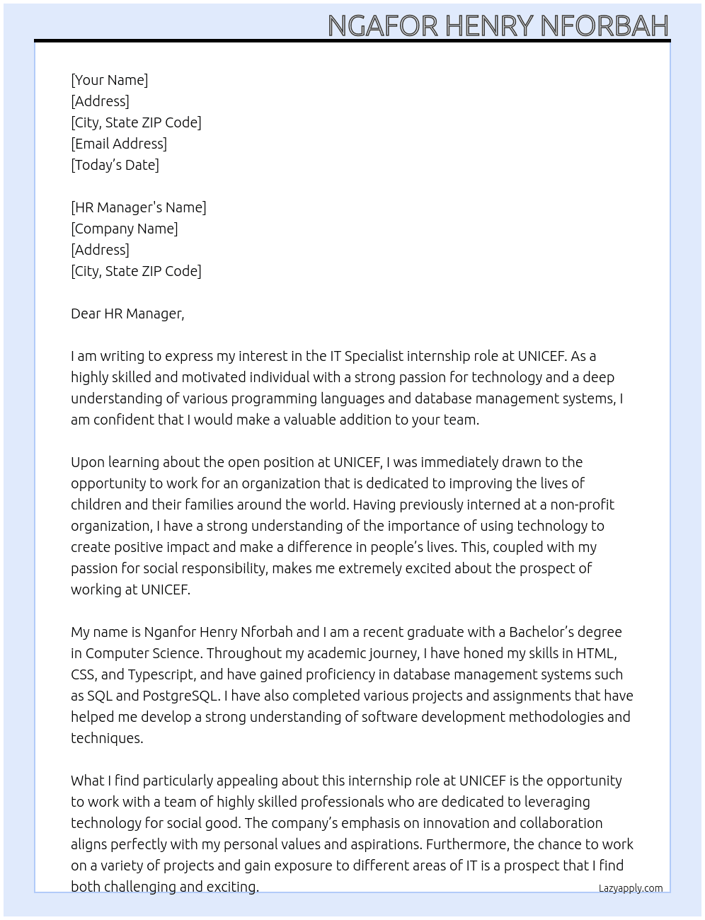 IT Specialist  At UNICEF Internship Cover Letter