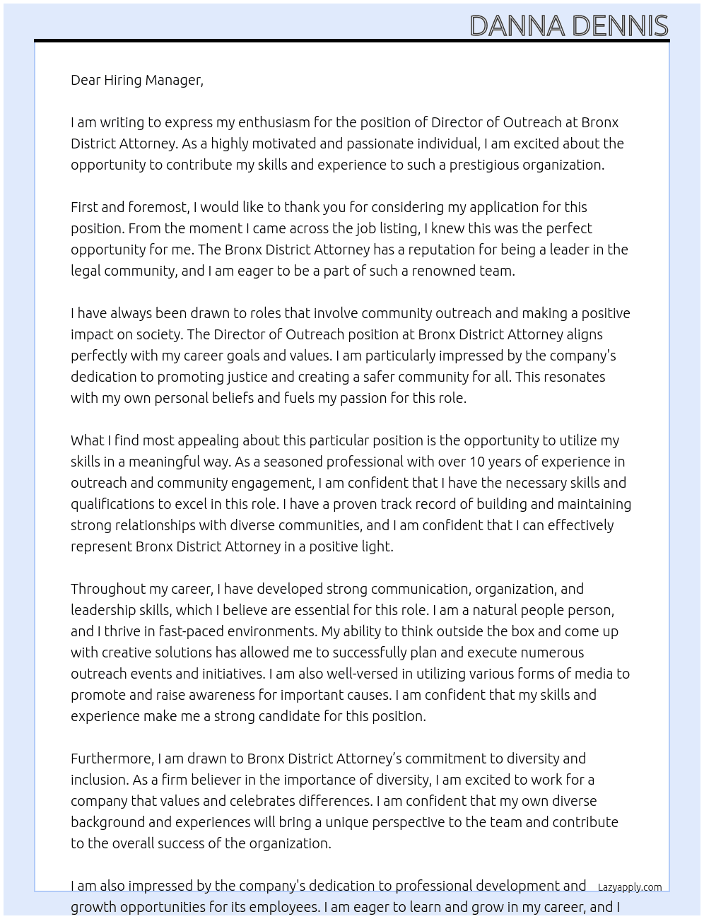 Director of Outreach At Bronx District Attorney Cover Letter