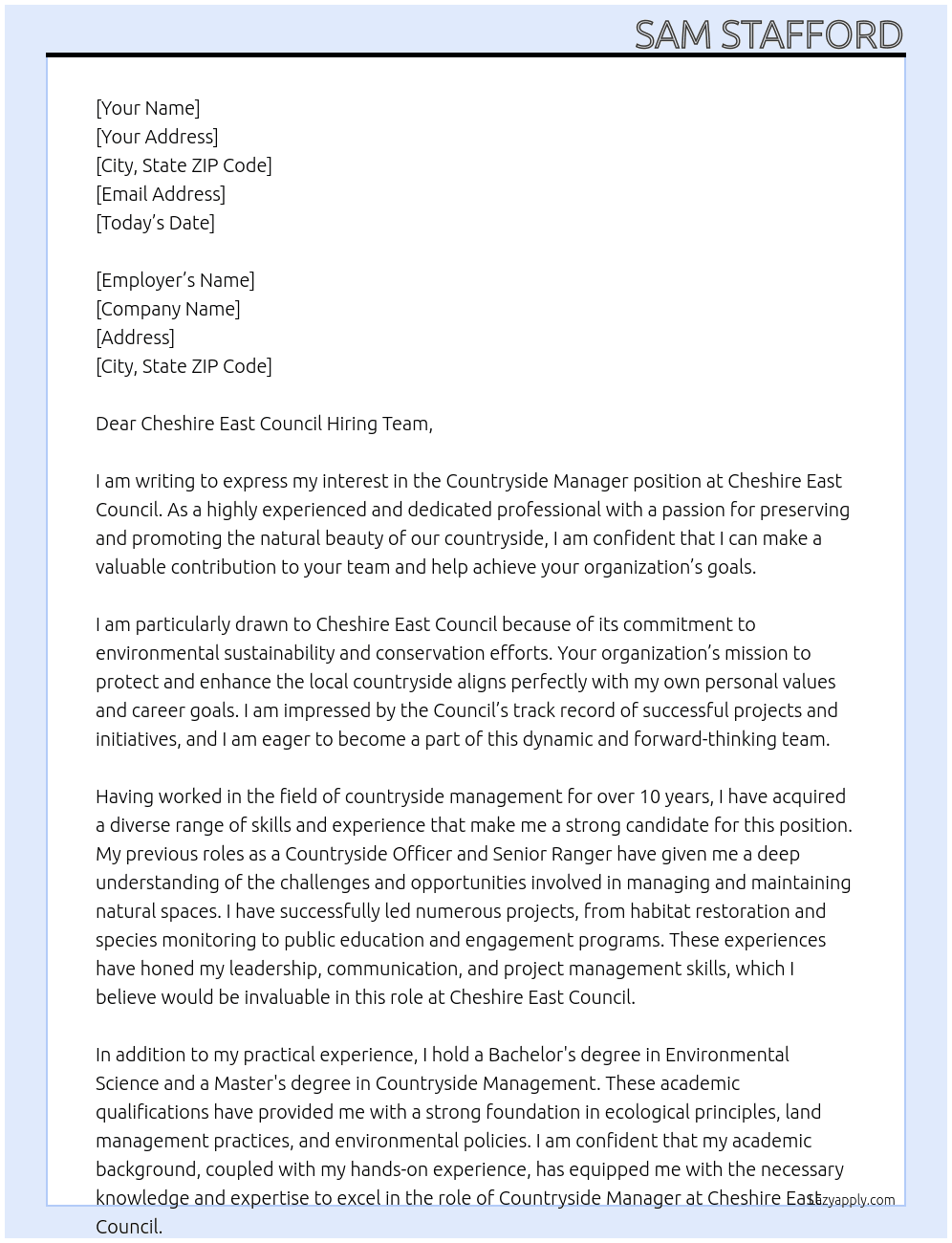 countryside manager At Cheshire East Council Cover Letter