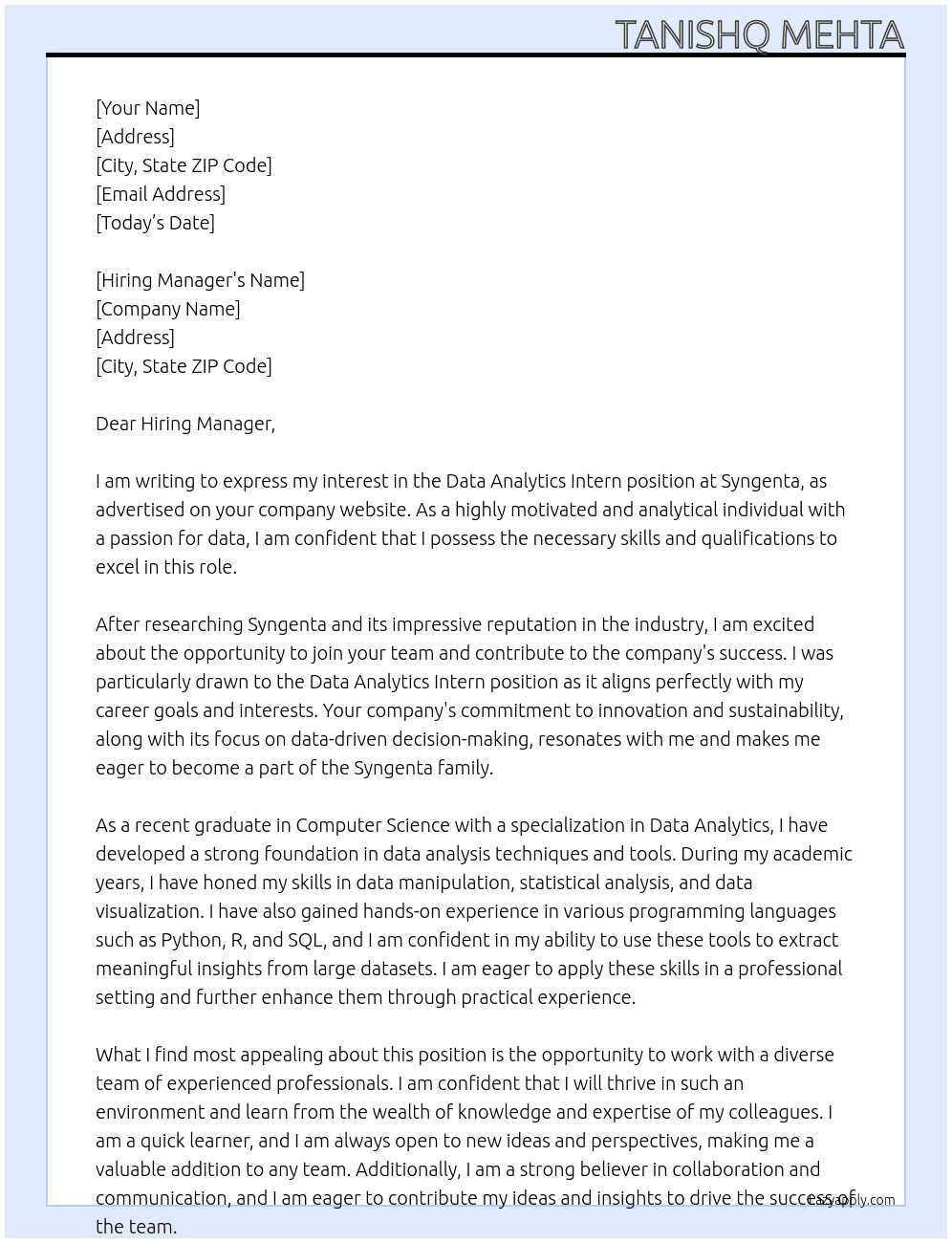 Data Analytics Intern At Syngenta Cover Letter