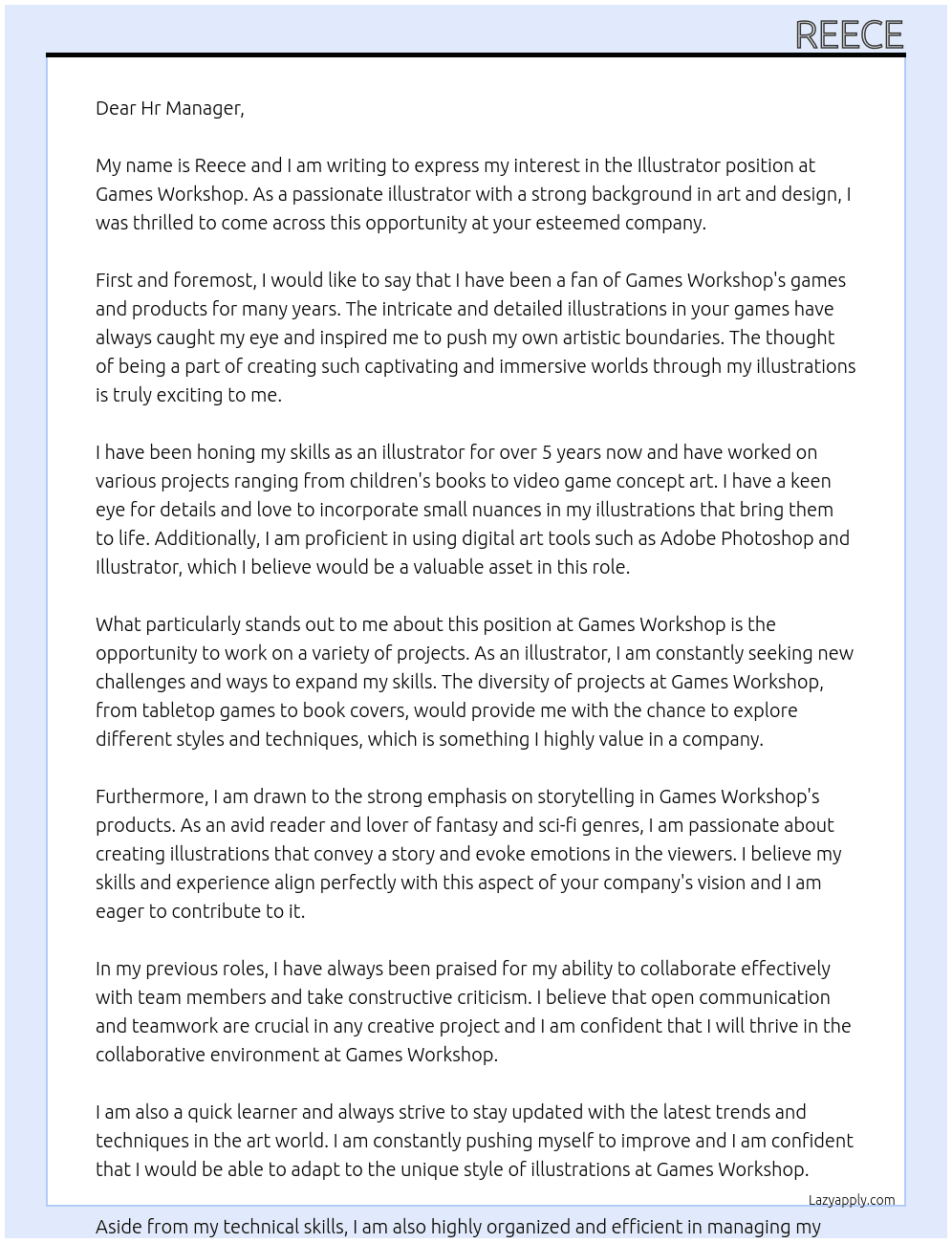 Illustrator At Games Workshop Cover Letter