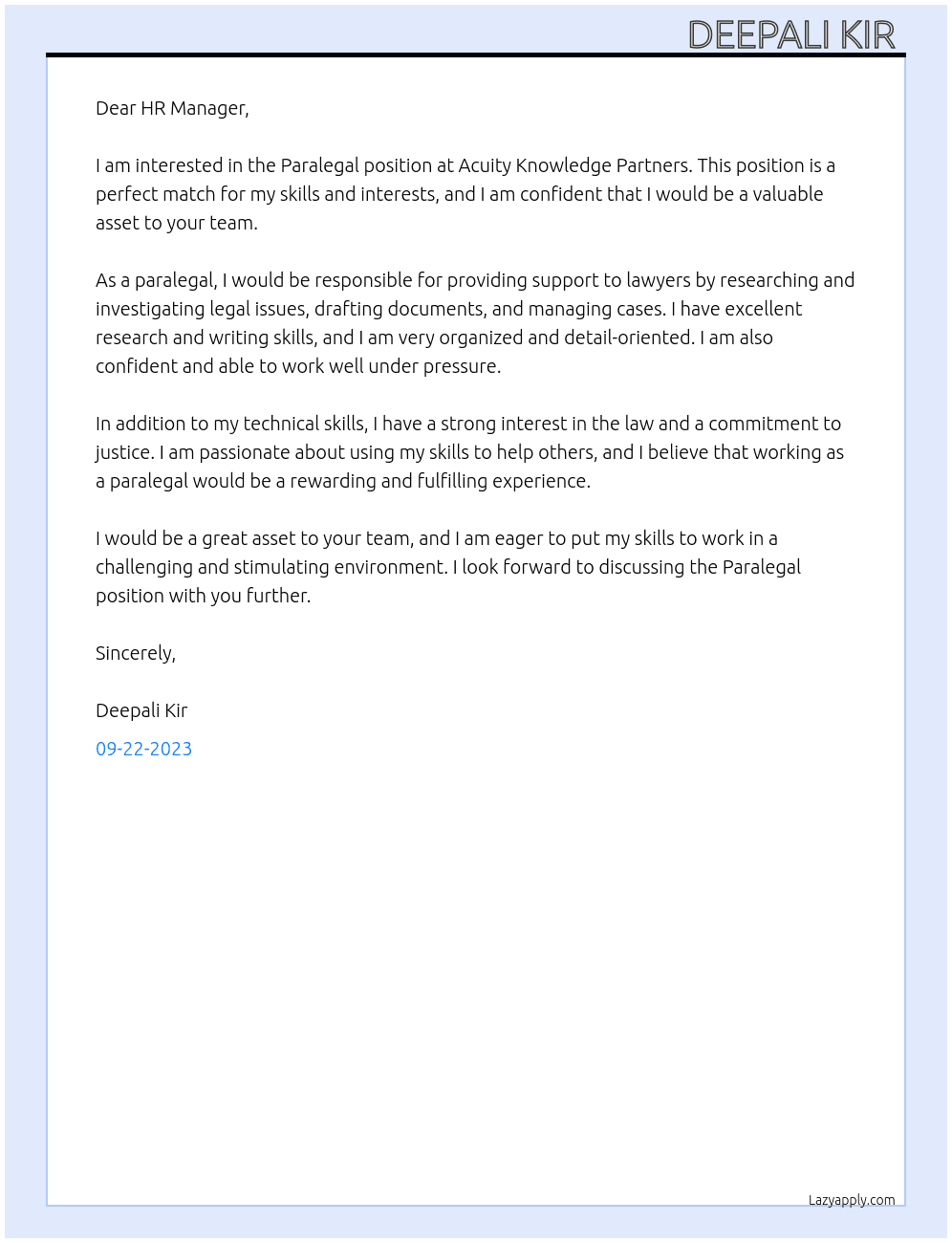 Paralegal At Acuity Knowledge Partners  Cover Letter