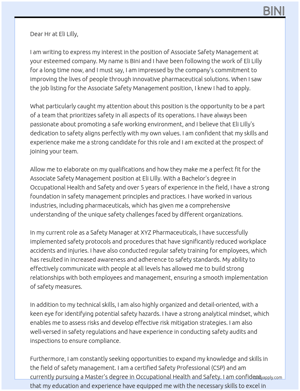 Associate safety management At Eli lilly Cover Letter
