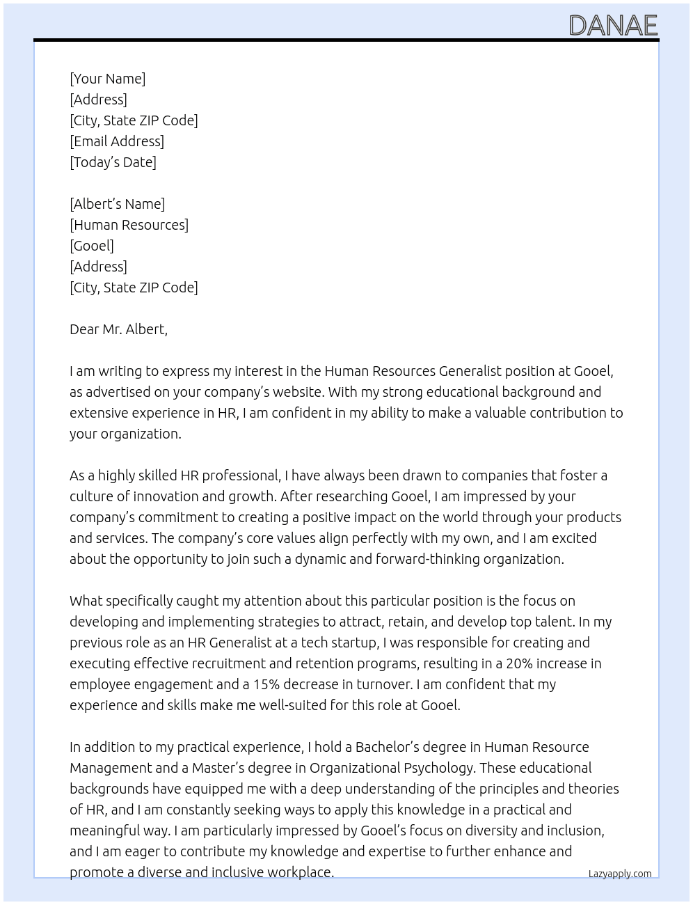 human resources generalist At gooel Cover Letter