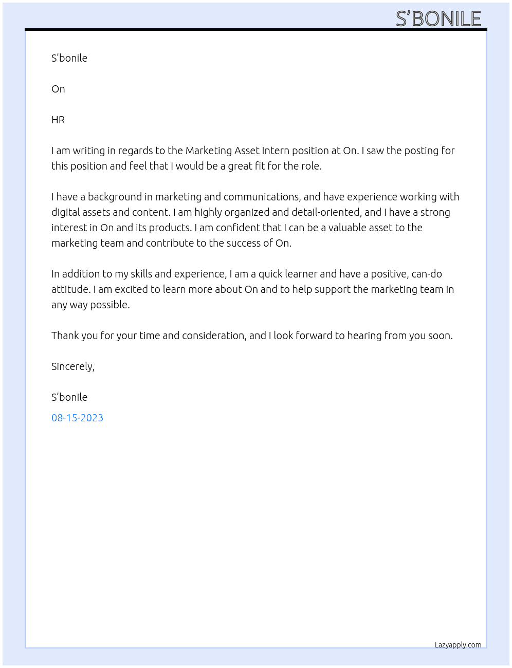 Marketing Asset Intern At On Cover Letter