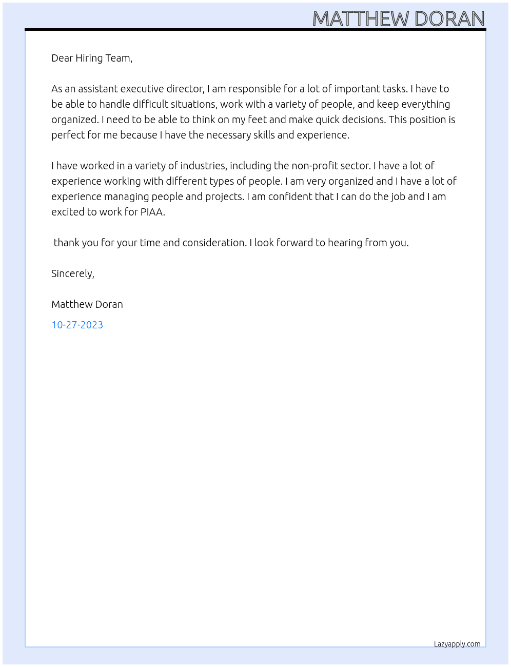 Assistant executive director  At PIAA Cover Letter