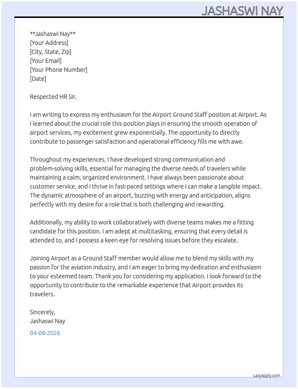 Airport ground staff At Airport Cover Letter