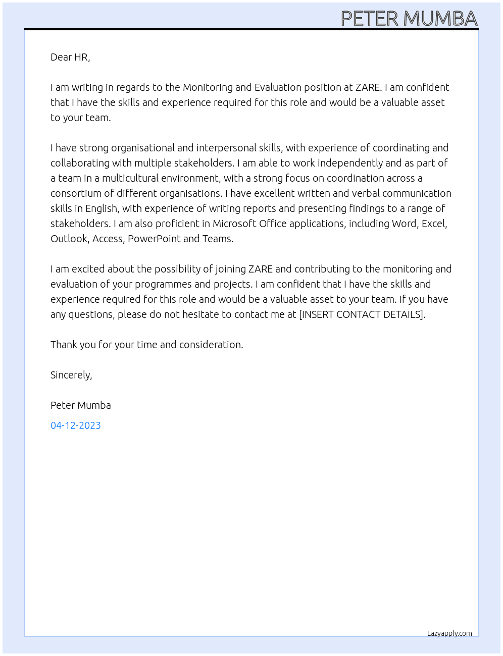 Monitoring and Evaluation  At ZARE Cover Letter