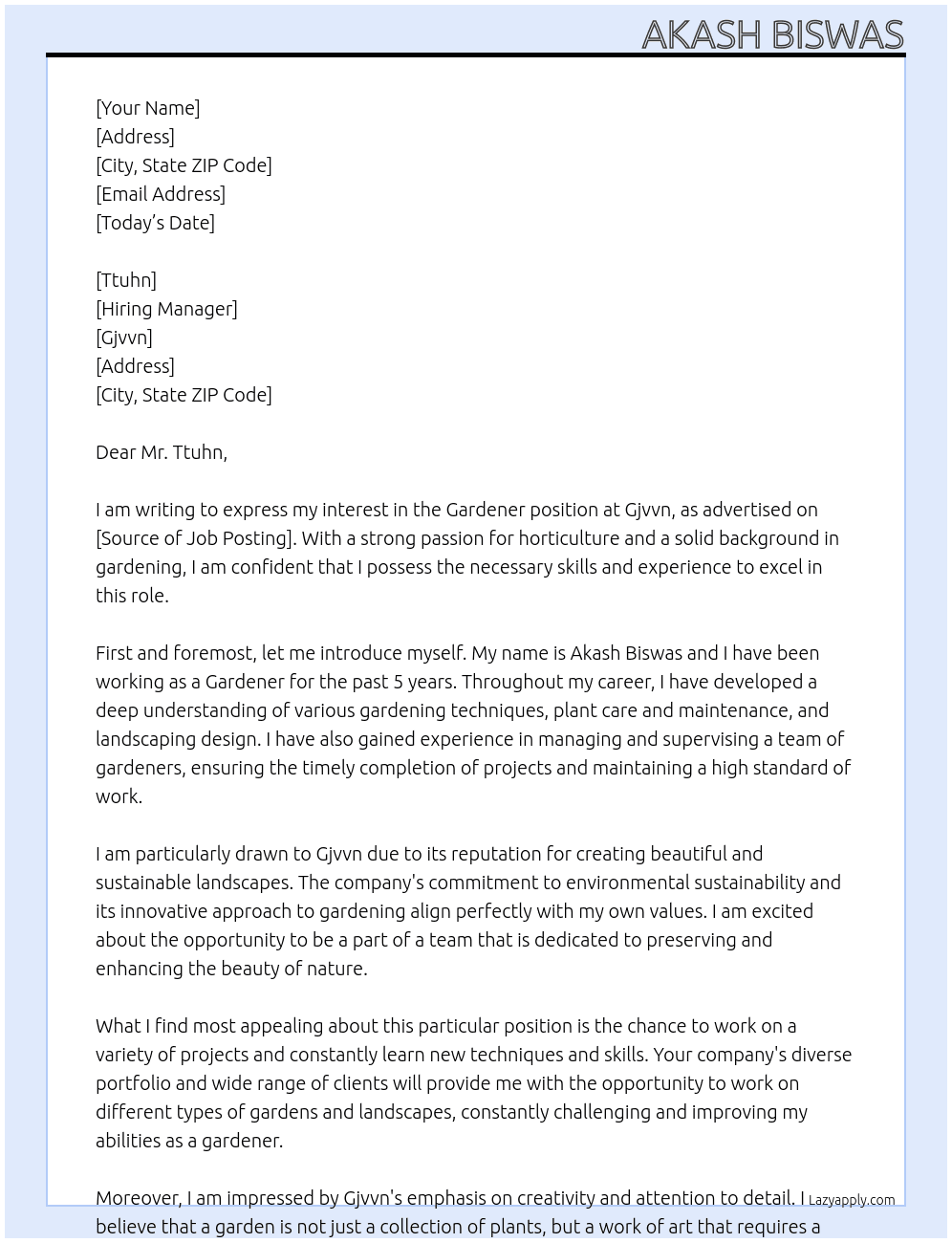Gardener At Gjvvn Cover Letter
