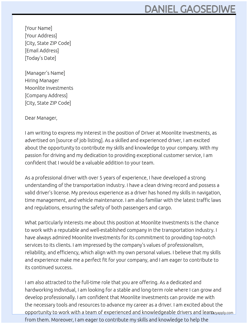 DRIVER At MOONLITE INVESTMENTS Cover Letter