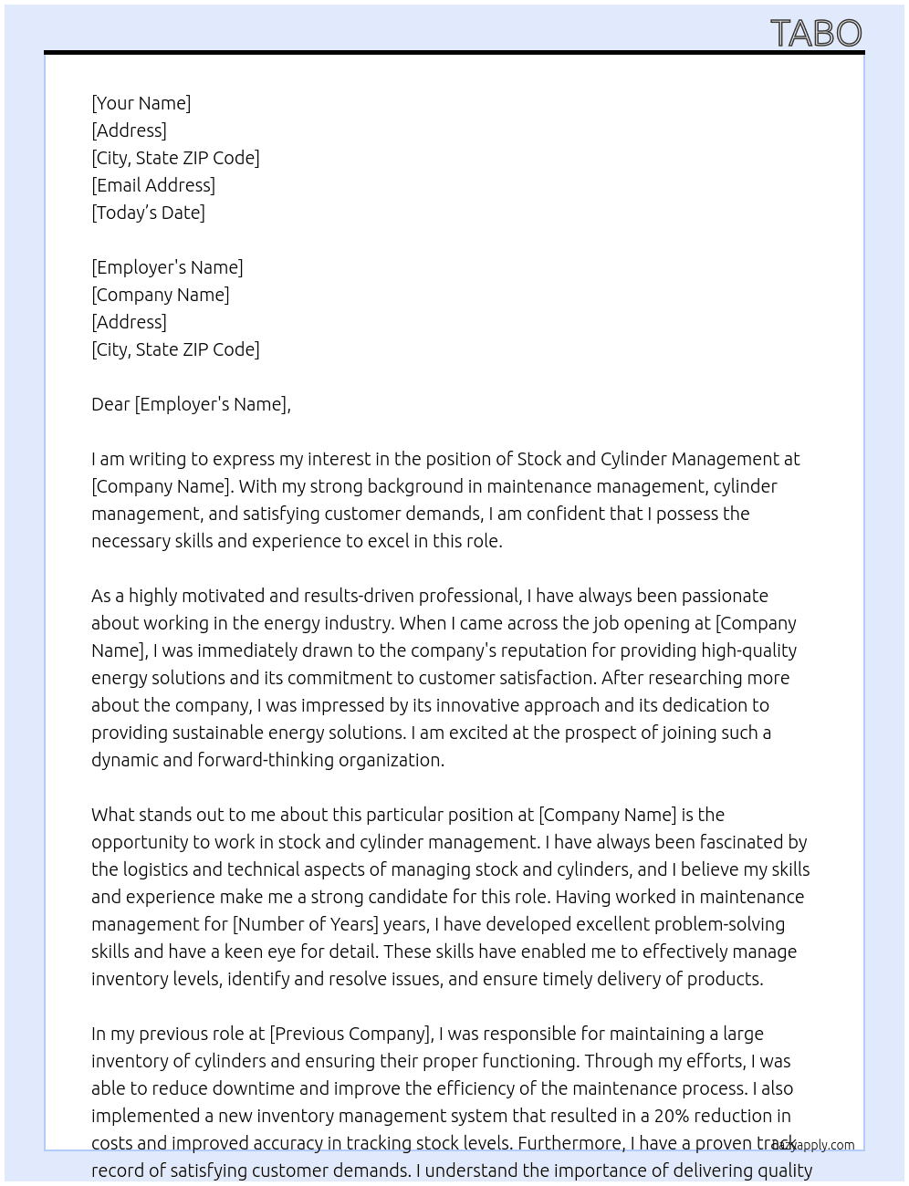 Stock and Cylinder Management , Cylinder Management ,Maintenance Management ,Satisfying customer demands At totol energies Cover Letter